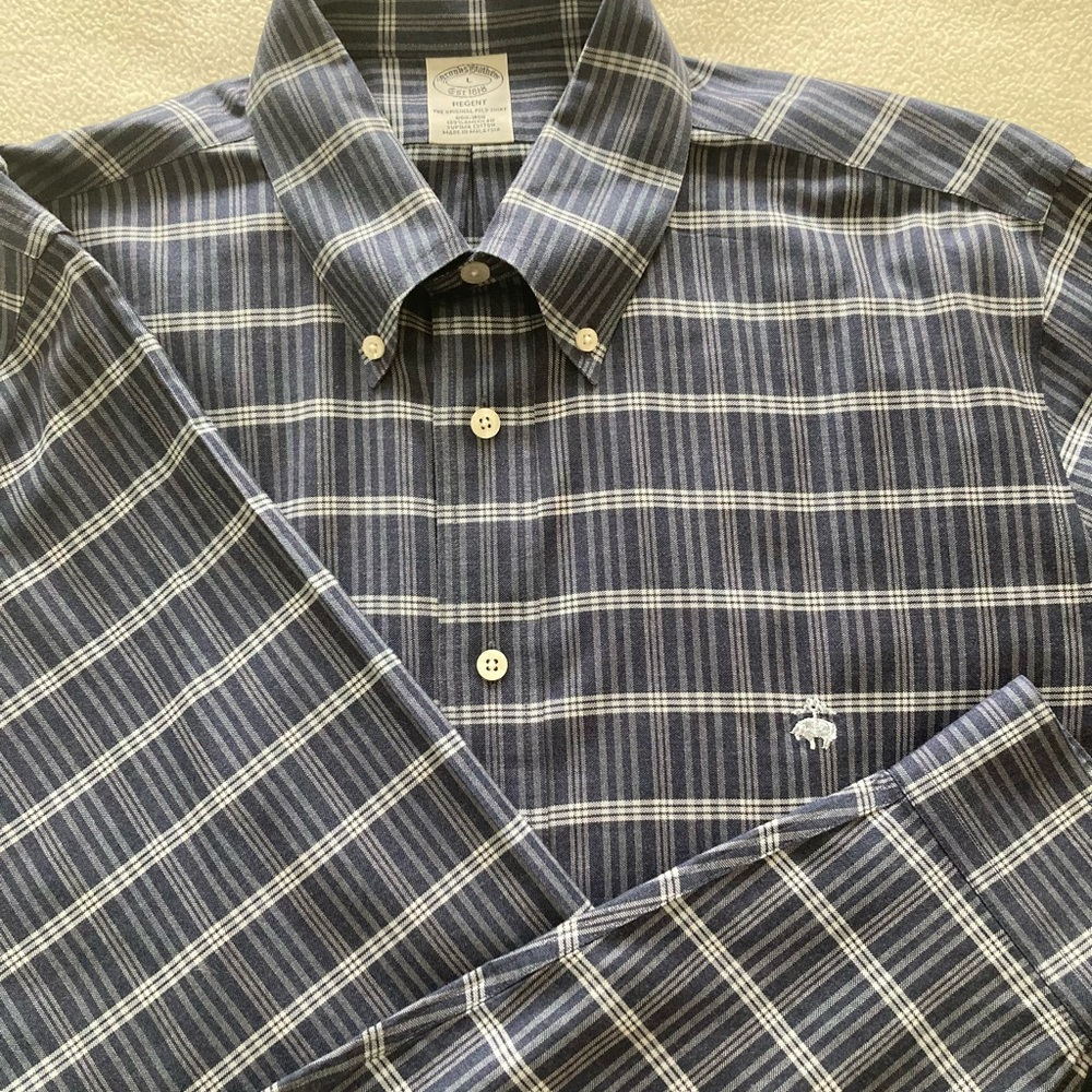 Brooks Brothers Regent Pima Cotton Shirt. Plaid Blue/cream Button Down. Logo. Lg